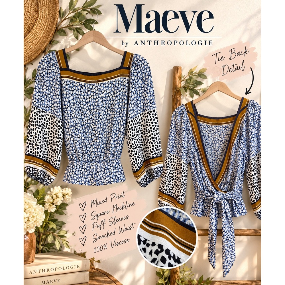 Maeve Anthropologie Blue Mixed Print Tie Back Blouse Size Large
